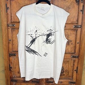 True 80s Vintage White Cotton T-Shirt Black Graphics XL Oversized Sleeveless